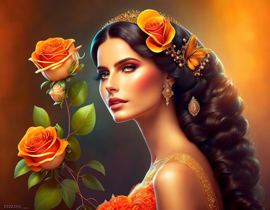 Illustrated portrait of woman with long braid, roses, butterflies, and orange attire on warm backdrop