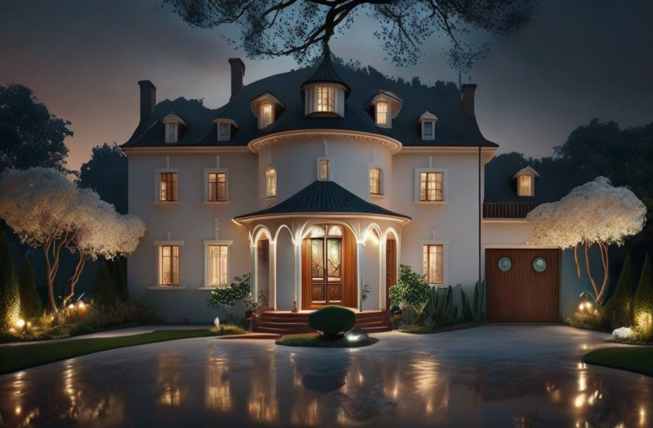 Twilight mansion with illuminated windows and manicured gardens