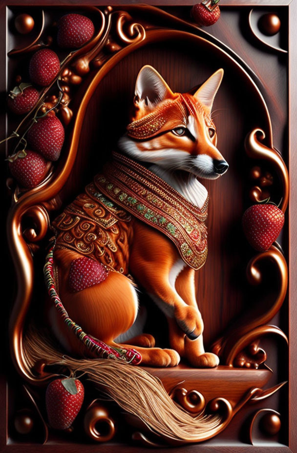 Detailed fox illustration with ornate cloak, strawberries, and scrollwork in wooden frame