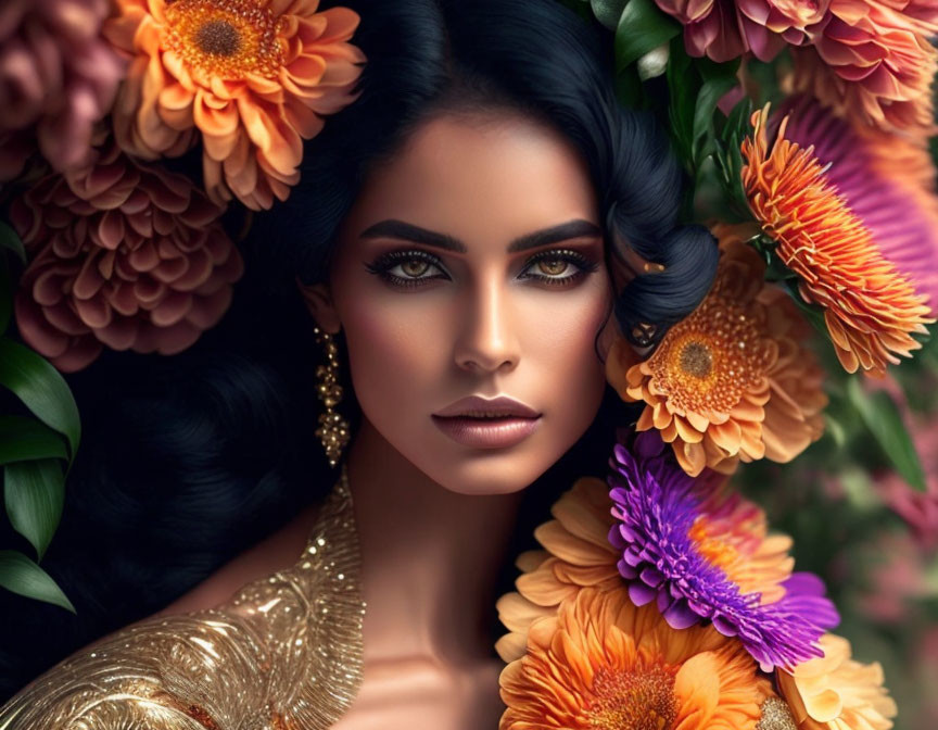 Woman with Green Eyes Amid Orange and Purple Flowers and Gold Attire