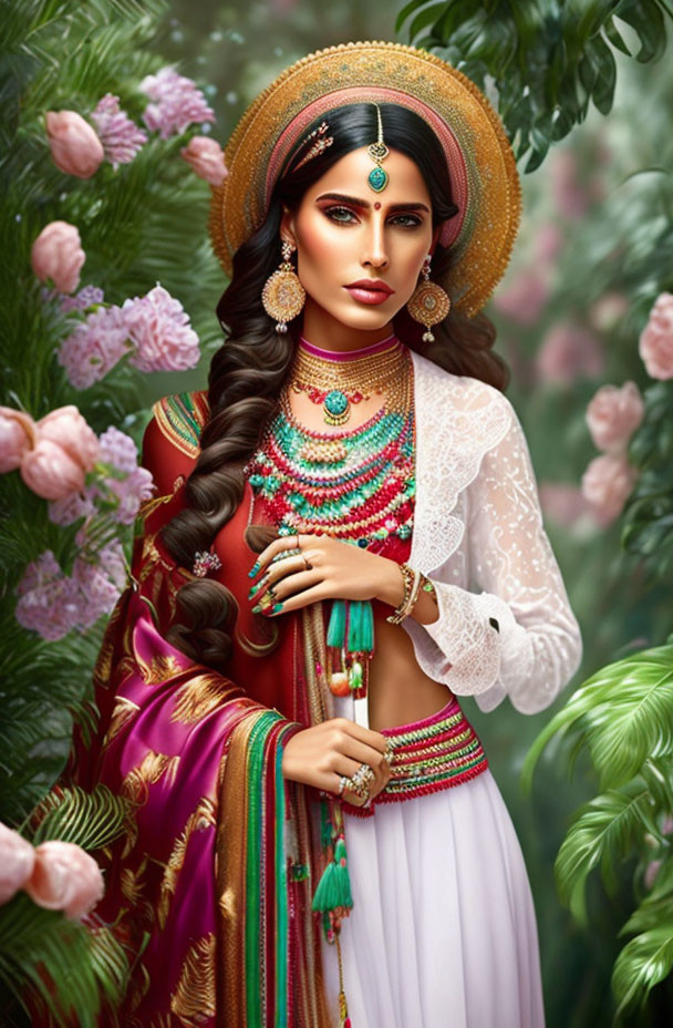 Traditional Indian Attire Woman Surrounded by Pink Flowers