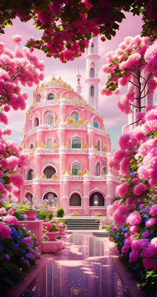 Pink castle with ornate details amidst vibrant pink trees under a soft sky