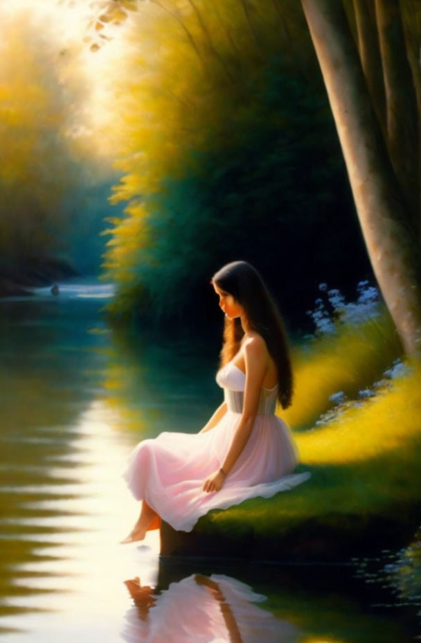 Woman in White Dress Relaxing by Tranquil River Amid Lush Greenery