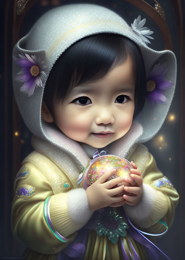 Child with dark hair holding sparkling orb in mystical setting