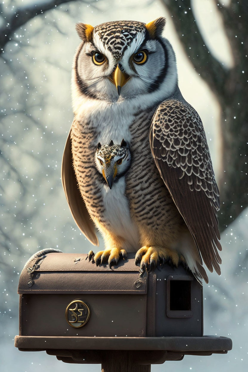 Anthropomorphized owl perched on mailbox in snowfall