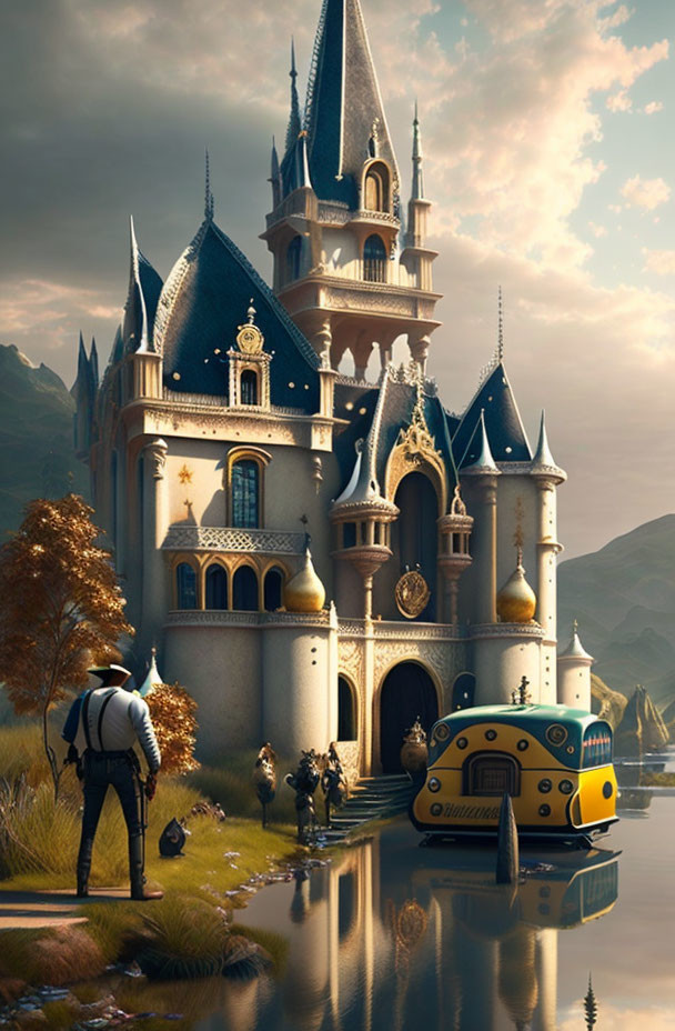 Person standing by castle and lake with yellow submarine, hills, and golden sky