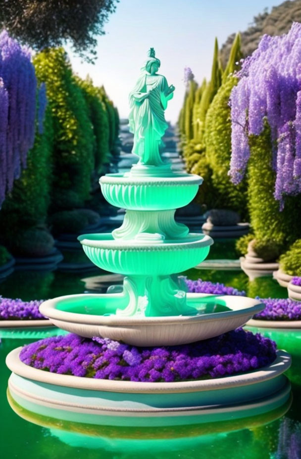 Tiered Fountain with Statue Surrounded by Purple Flowers and Wisteria Trees