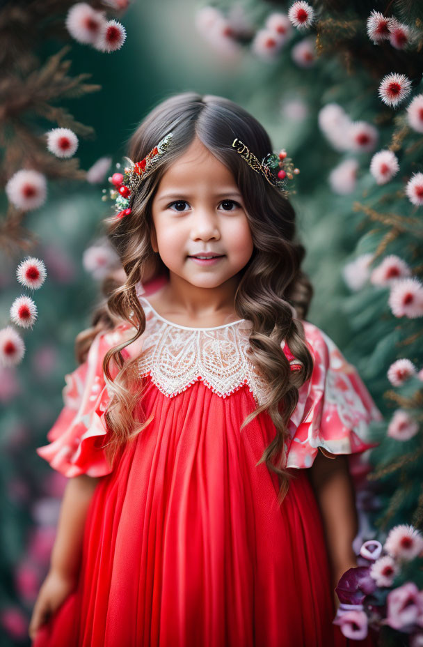 Young girl in red dress with lace collar by Christmas tree with white flowers