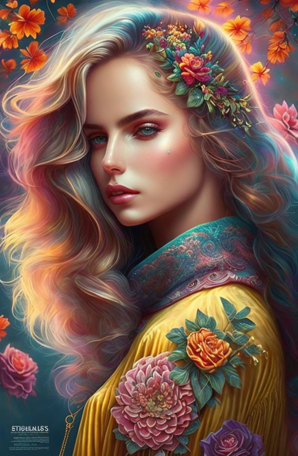 Digital artwork featuring woman with multicolored hair and vibrant floral attire