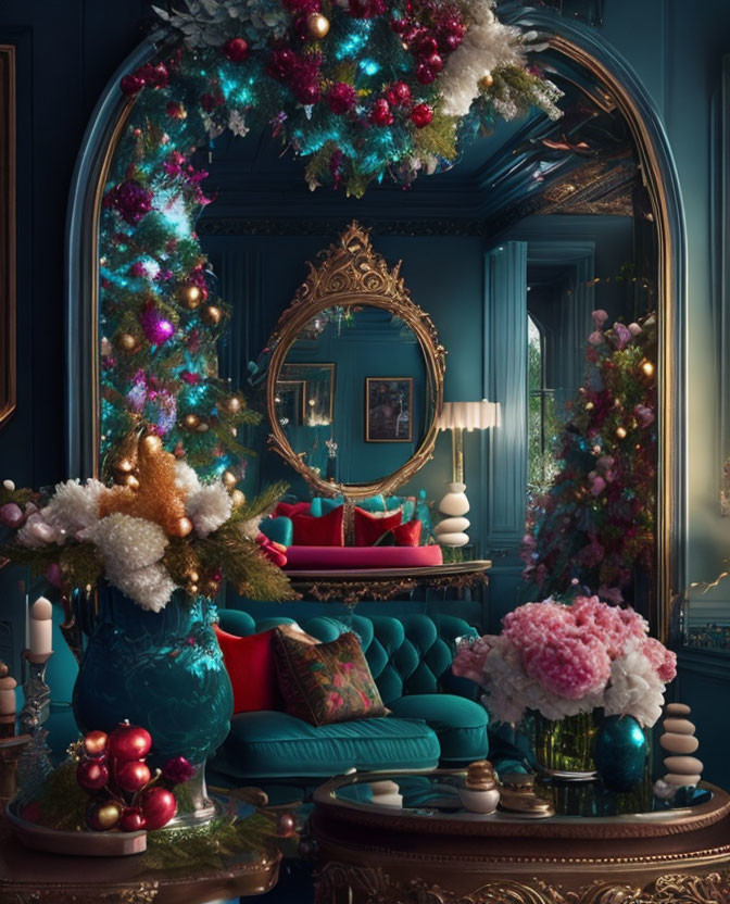 Luxurious teal room with golden mirror and festive Christmas decor