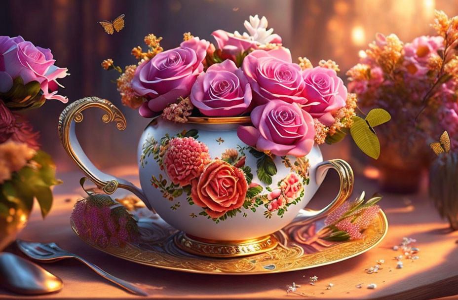 Pink roses and flowers in teacup with butterflies on wood surface