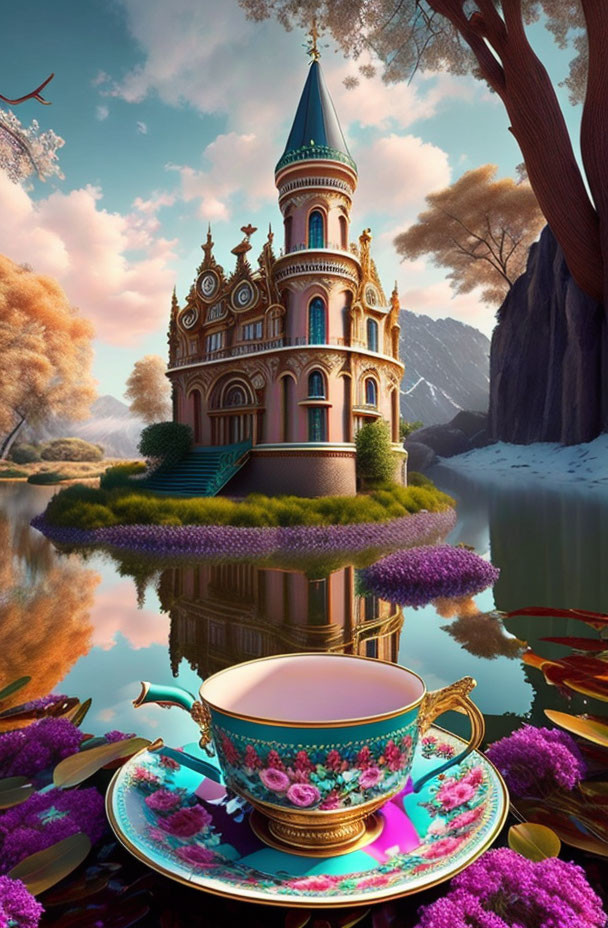 Whimsical fairytale castle on teacup with flowers and water