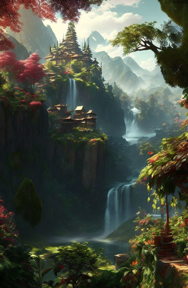 Verdant cliffs, waterfalls, traditional buildings, lush trees, mountains under a hazy sky