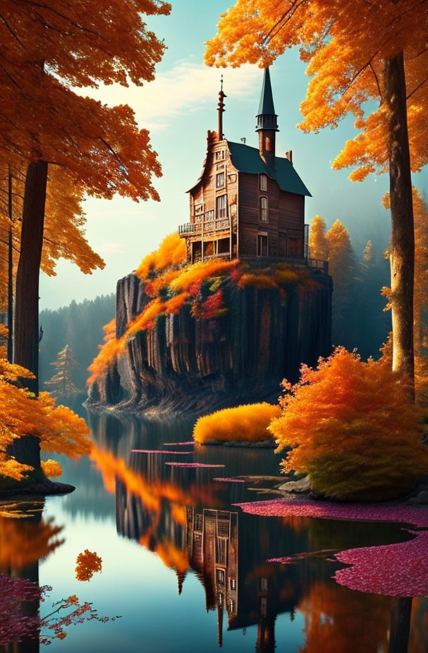 Whimsical cliff-top house with autumn trees reflected in water