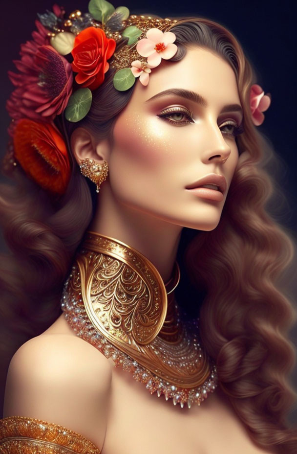 Illustration of woman with voluminous wavy hair and colorful floral adornments.