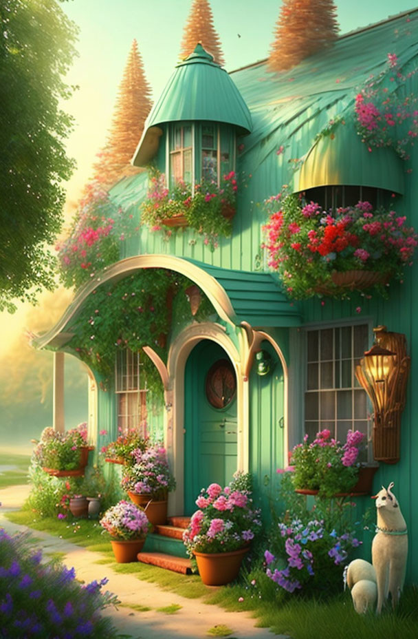 Charming green cottage with conical roofs, surrounded by flowers and a white dog