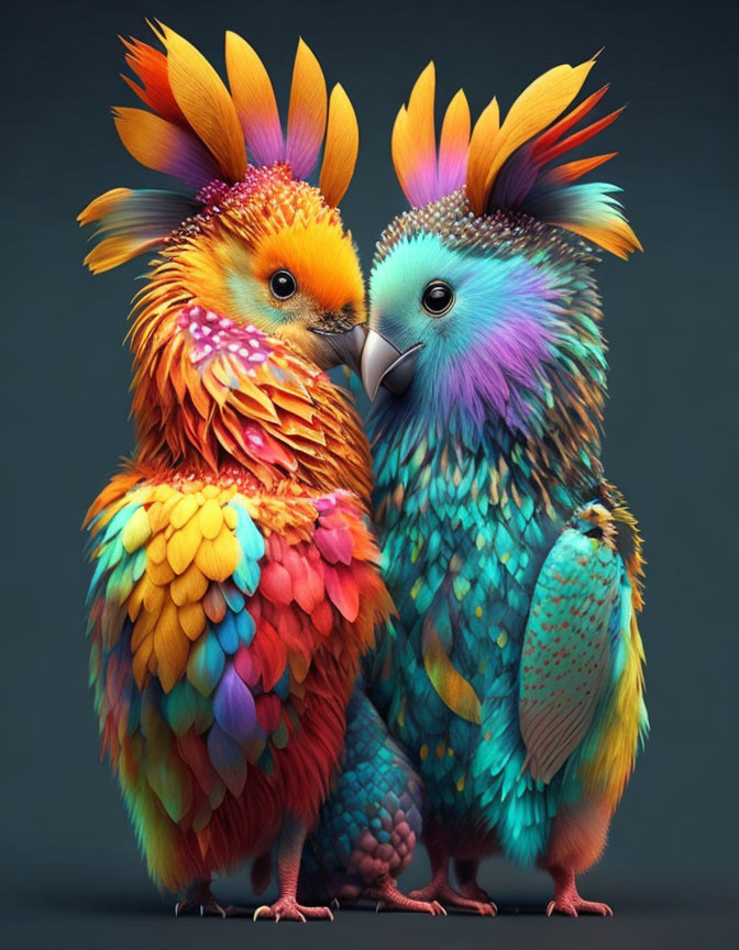 Colorful fantastical birds with mixed features facing each other