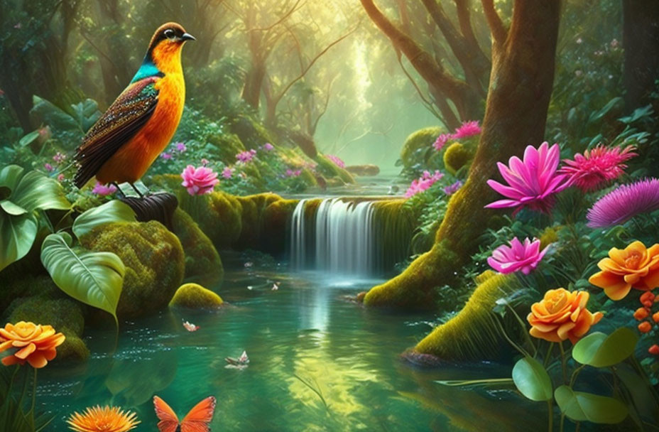 Colorful bird overlooking forest stream with waterfall