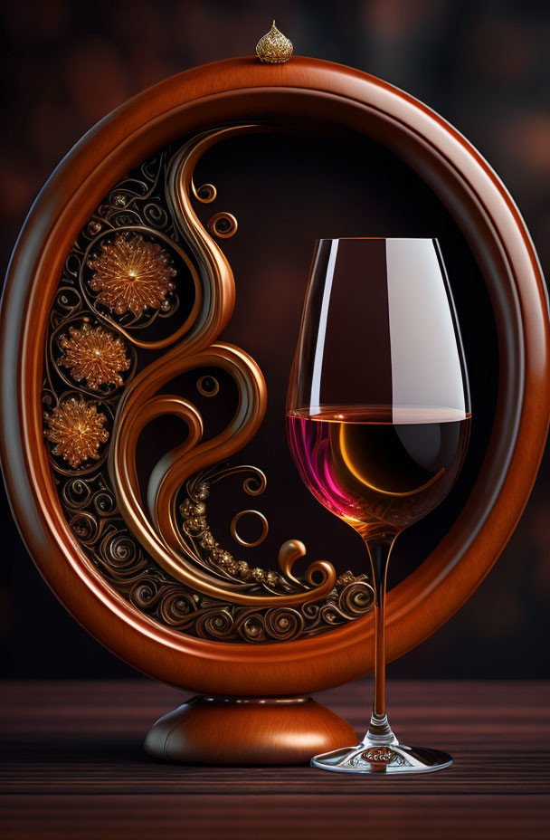 Wine glass and ornate wooden frame with gold floral patterns