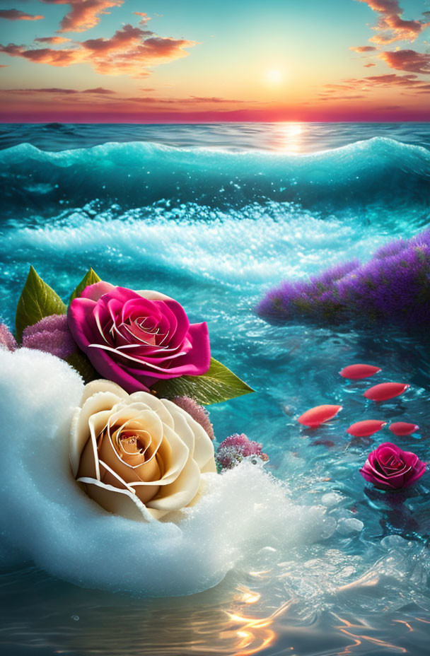 Digital artwork: Ocean waves, sunset, roses, foliage blend in fantasy landscape.