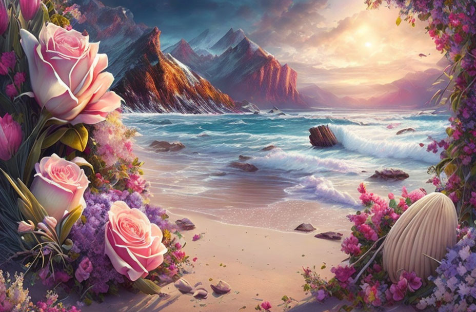 Tranquil beach scene with pink roses, lush foliage, gentle surf, and mountains at sunset