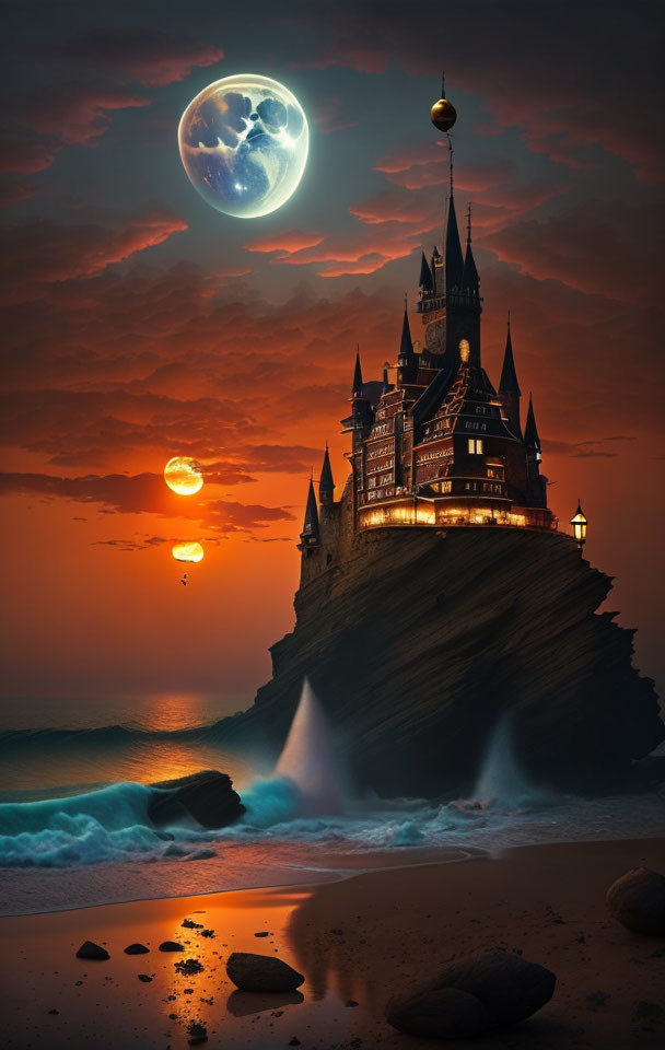 Majestic castle on cliff with glowing sea, moon, and sun in dramatic sky