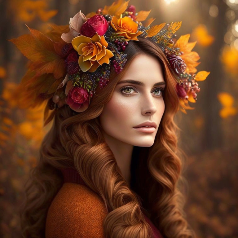 Woman with long auburn hair and autumn flower crown in golden forest.