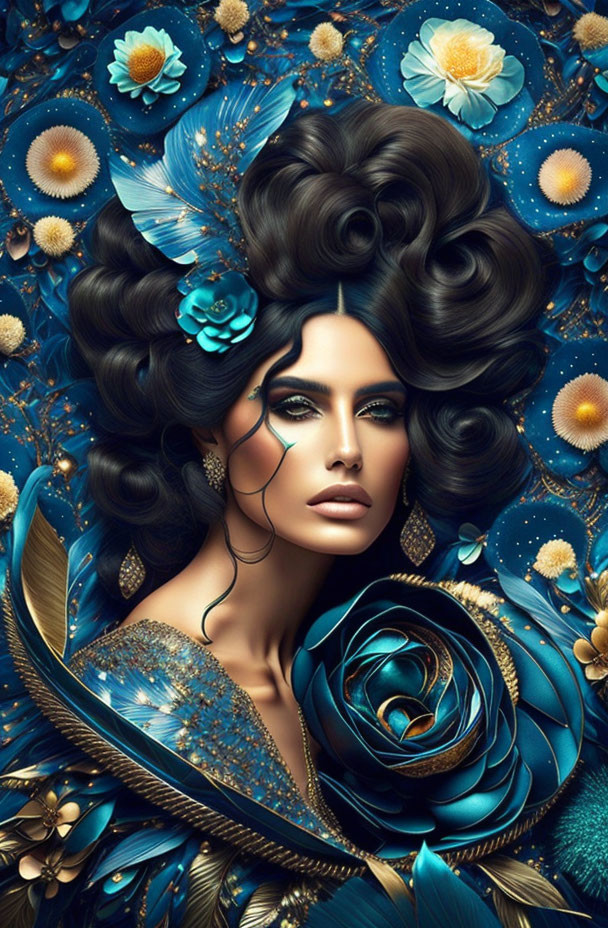 Portrait of Woman with Voluminous Dark Hair and Floral Accents in Blue and Gold Palette