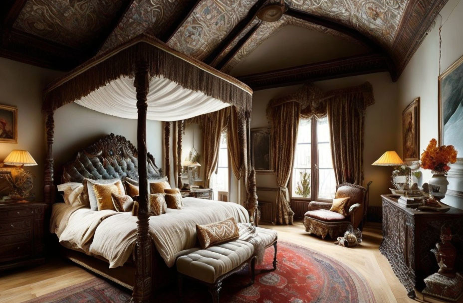 Vintage bedroom with four-poster bed, ornate furniture, tapestries, warm lighting, and