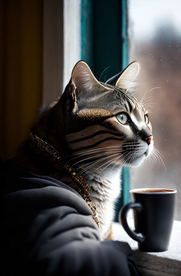 Pensive cat with chain collar sitting by window with coffee cup