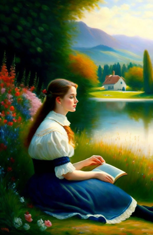 Tranquil painting of woman reading by lake and mountains