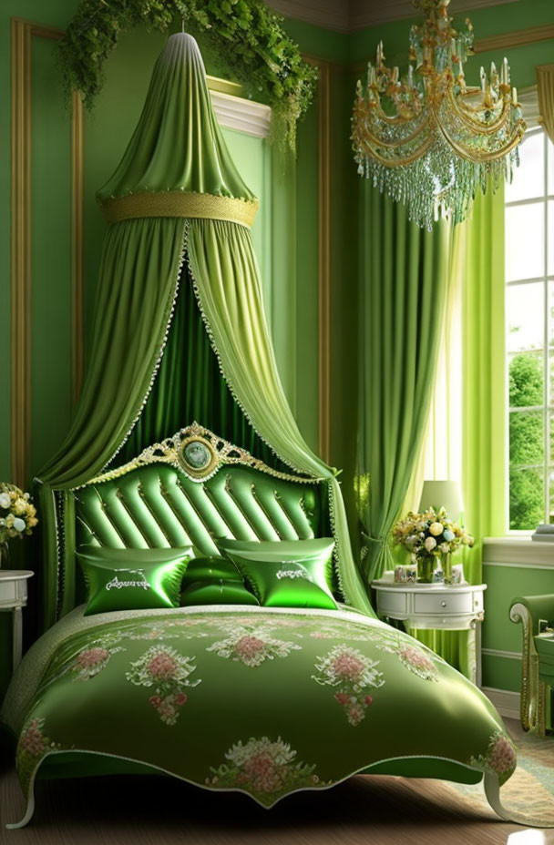 Luxurious Green Bedroom with Canopy Bed & Elegant Chandelier