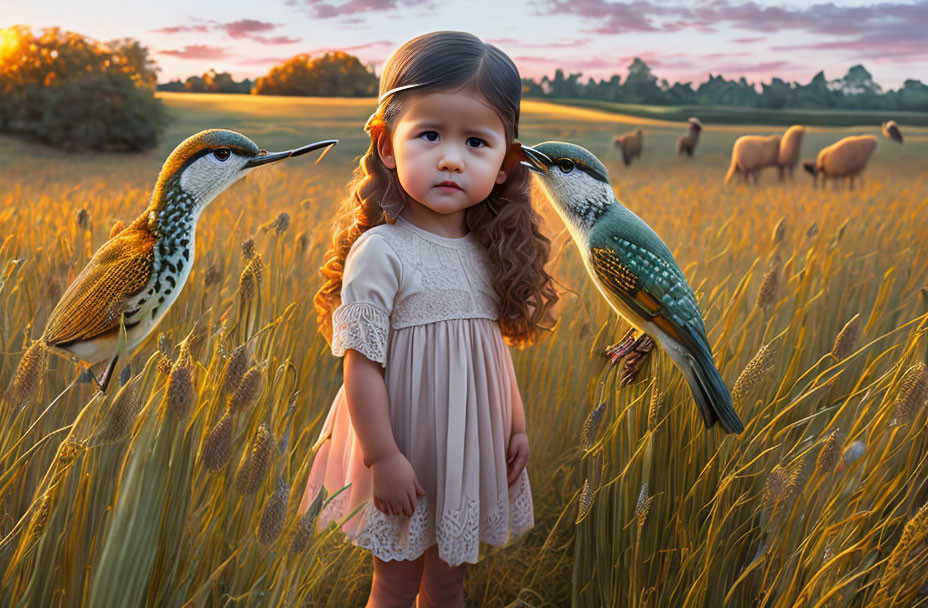 Young girl in golden field at sunset with realistic birds and grazing sheep