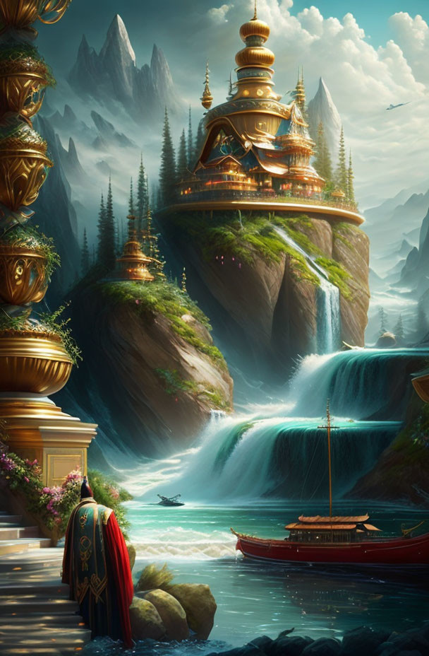 Fantasy landscape with golden temple, waterfall, mountains, boat, and cloaked figure