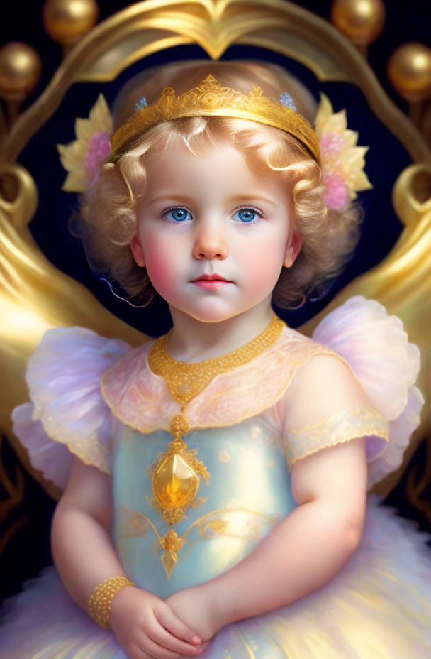 Child with blue eyes and curly hair in golden tiara and pastel blue dress by golden chair