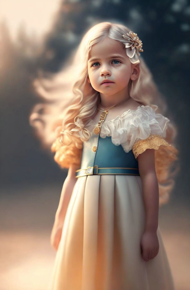 Blond girl in cream and blue dress with gold belt and flower gaze serenely