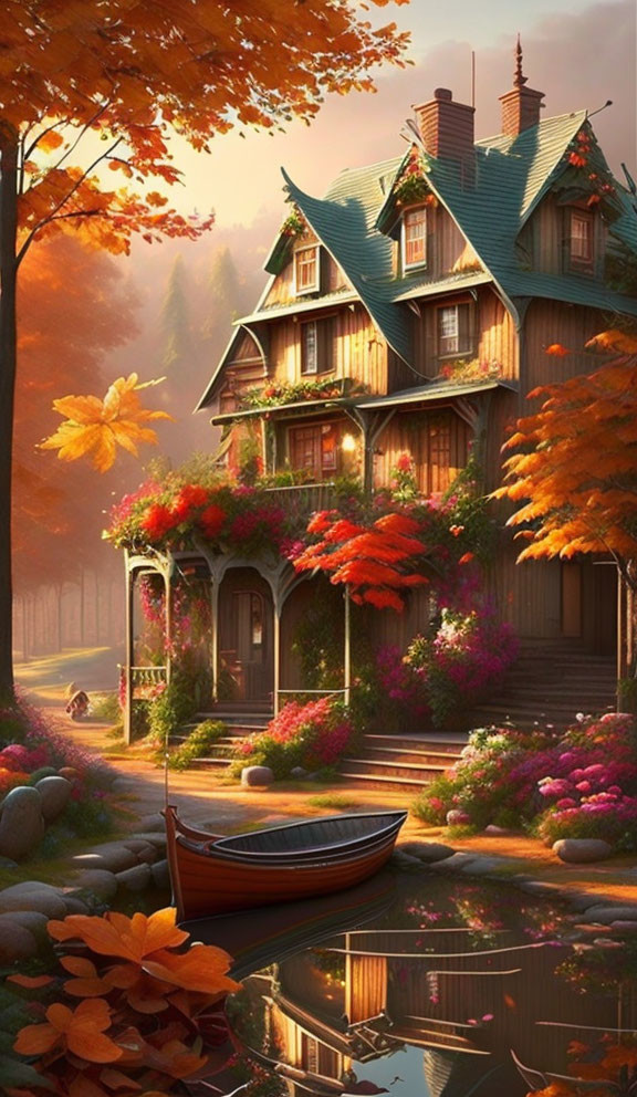 Victorian house in autumn setting with river, canoe, and flowers