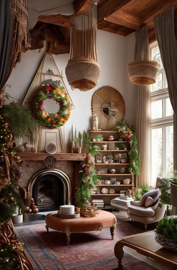 Festive decor in cozy room with fireplace