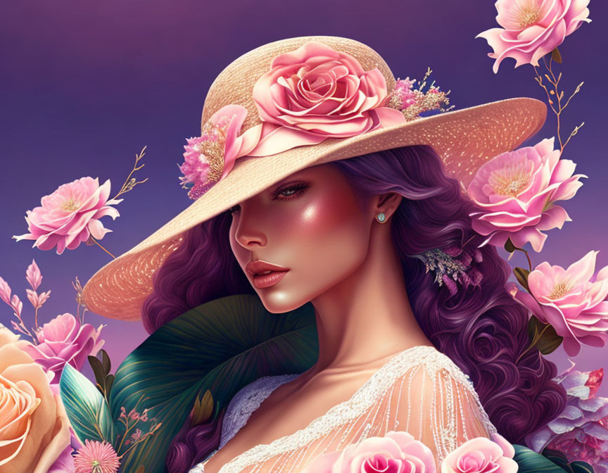 Digital artwork of woman with purple hair in straw hat with roses, pink florals on purple background