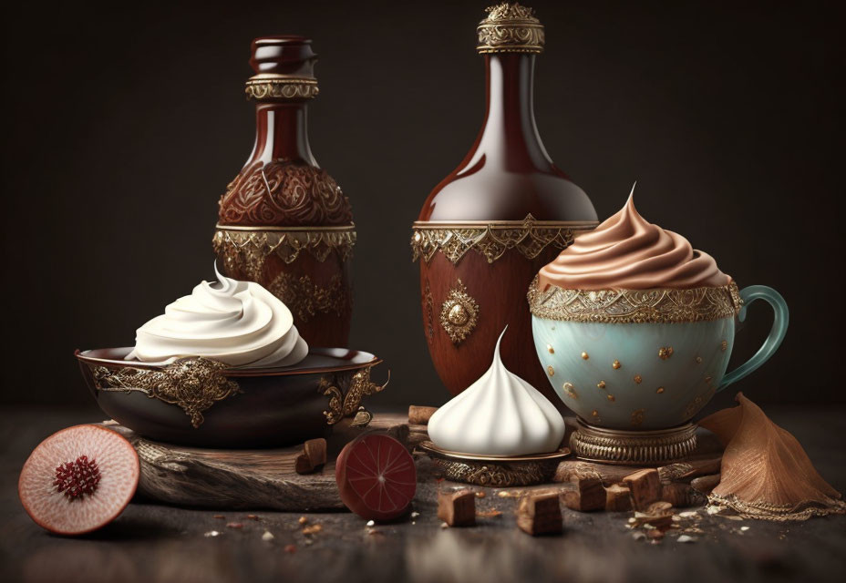 Exquisite dessert display with whipped cream, chocolate, fig, and glass bottles on dark backdrop