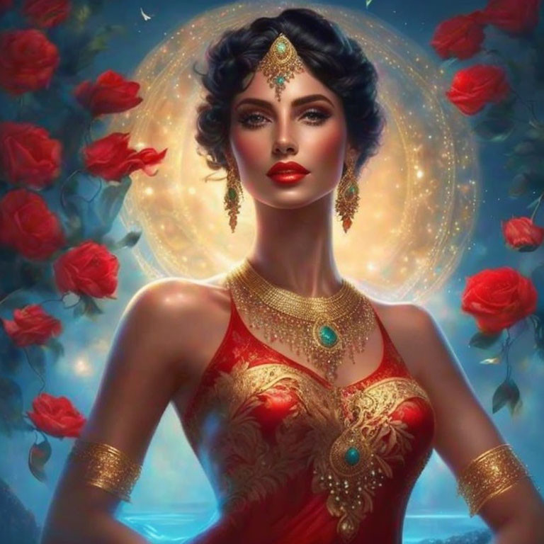 Illustrated portrait of elegant woman in red dress with dark hair and jewelry amidst roses under celestial sky.