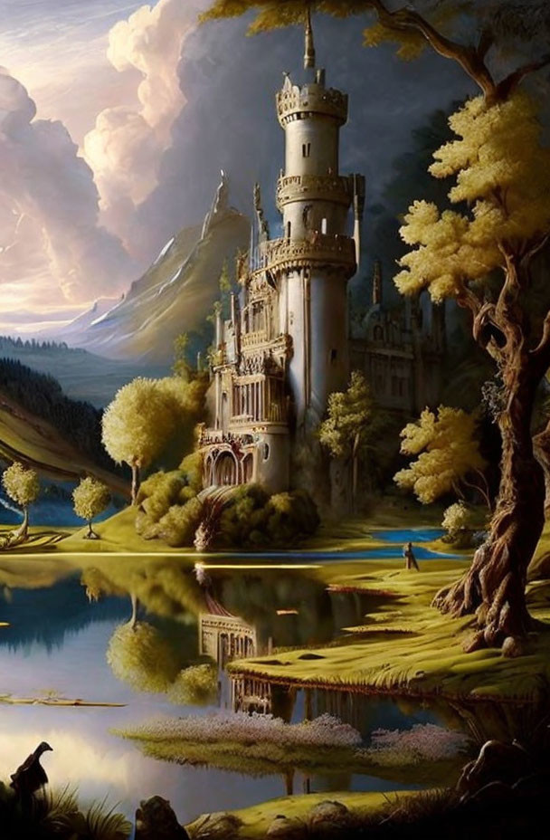 Majestic castle with turrets by serene lake and golden foliage