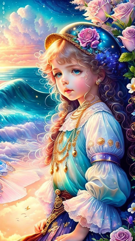 Young girl in blue and gold outfit among roses under vibrant sky