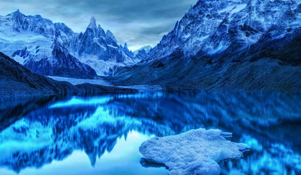 Tranquil Lake and Snow-Capped Mountains in Blue-Tinted Landscape