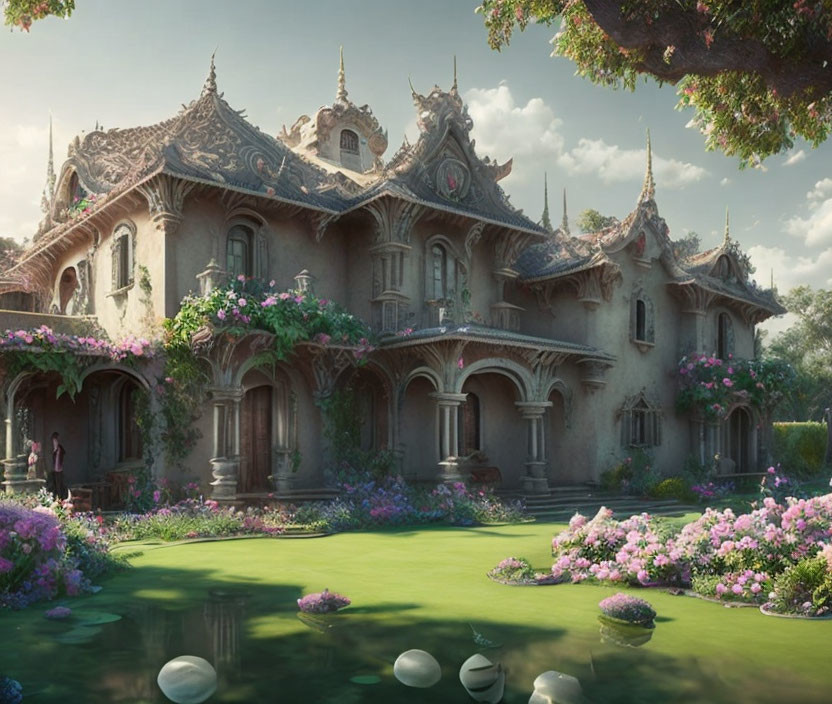 Ornate Fantasy Mansion with Lush Gardens and Pond