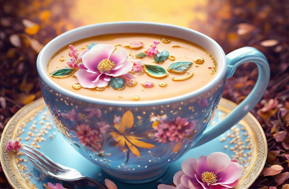 Blue floral teacup with creamy beverage on matching saucer in warm bokeh.