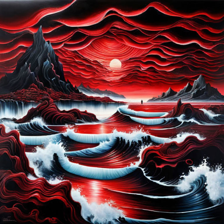 Surreal landscape with red skies, blue waves, mountains, and white orb