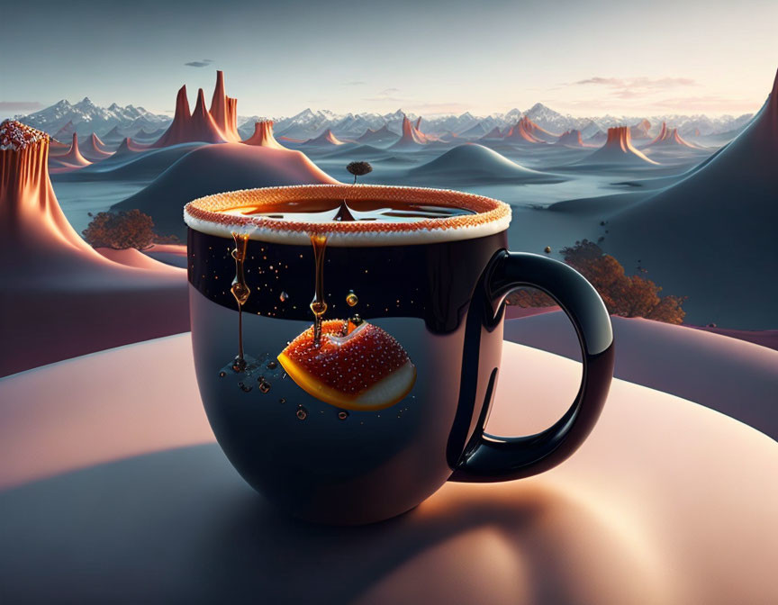 Surreal landscape featuring giant coffee mug and orange slice in mountainous setting