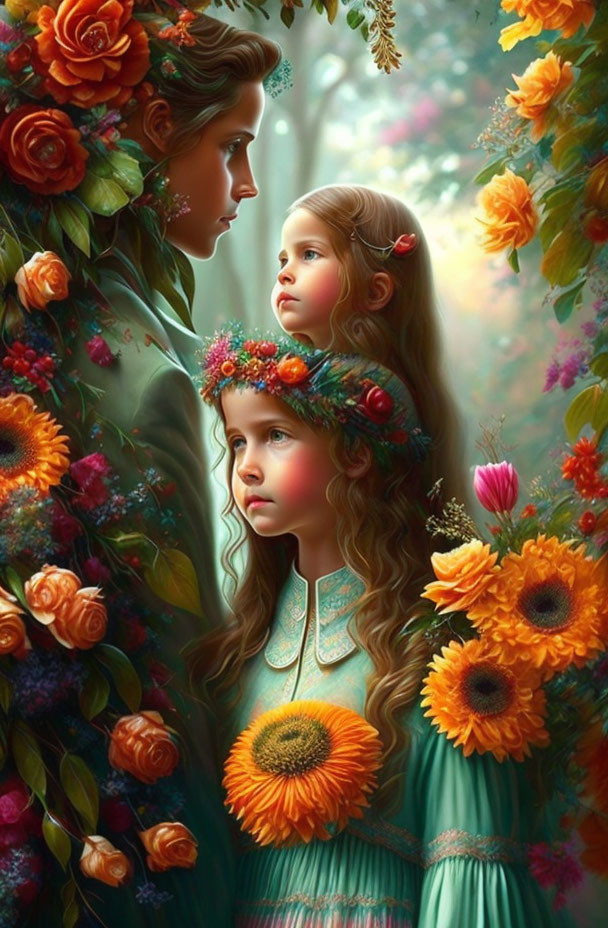 Three individuals in a dreamlike painting surrounded by lush flowers