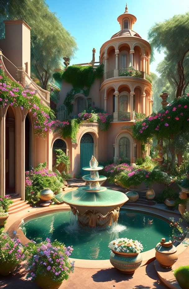 Vibrant pink blossoming vines in idyllic courtyard with fountain and pool